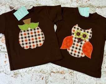 Boys FALL PUMPKIN or OWL Custom Holiday tee t-shirt in  sizes 6-12-18-24 mth 2-3-4-5-6-7-8-9-10-12 Autumn Thanksgiving Plaid Pumpkin Patch