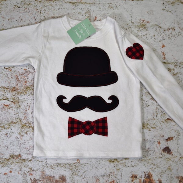 Valentines Boys Mustache / top hat / bowtie  tee shirt  6-12-18-24 mth 2T-3-4-5-6-7-8-10-12 with Heart Love arm tattoo sleeve applique