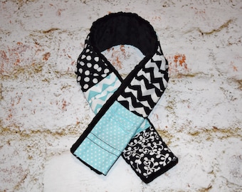 Camera Strap Cover deluxe plush Aqua blue / black / white Ruffled Patchwork  with minky backing