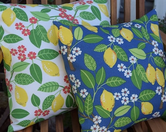 Lemon Branches Indoor / Outdoor fabric Pillow Cover 12x12  14x14  16x16  18x18  20x20 chair cushion cover envelope back blue white yellow