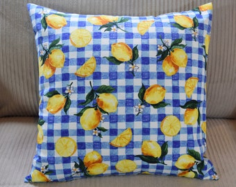 Lemon & Blue White Gingham Check fabric Pillow Cover 12x12  14x14  16x16  18x18  20x20 chair cushion envelope back blue white yellow citrus
