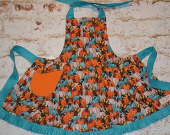 Pumpkin Patch Fall Harvest Thanksgiving Apron Mommy and Me matching Womens Girls  orange blue Kids sizes 10/12  adult sizes S/M  L/XL