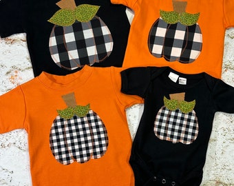 FALL PUMPKIN Boys Custom Holiday tee t-shirt in  sizes 6-12-18-24 mth 2-3-4-5-6-7-8-9-10-12 Autumn Thanksgiving Pumpkin Patch Buffalo Plaid