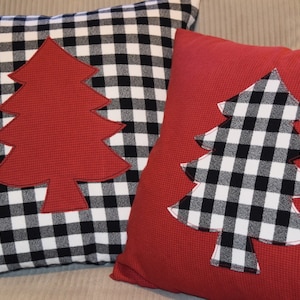 Black & White Buffalo plaid and Red houndstooth flannel pillow cover Christmas Tree applique  14x14  16x16  18x18  20x20 large small check