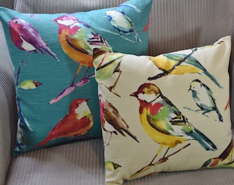 Natural Ivory or Teal/Turquoise Bird print fabric Pillow Cover 12x12  14x14  16x16  18x18  20x20 envelope back made to order vintage birds