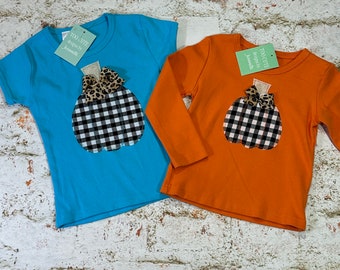 Girls Fall Pumpkin Tee t-shirt Buffalo Plaid size 6-12-18-24mth 2T 3 4 5 6 7 8 9 10 11 12 Turquoise Blue Orange Black White