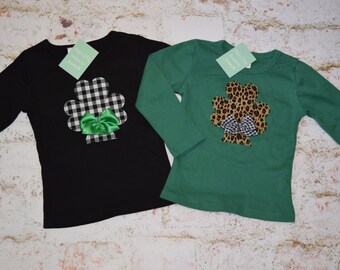 Girl Leopard or Buffalo Plaid Print St. Patricks day Shamrock Clover shirt  6-12-18-24 mth 2T 3 4 5 6 7 8 10 12 cheetah animal print