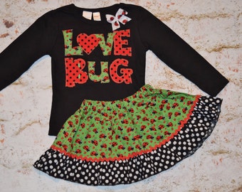 SALE! Girls size 5/6) * Ready to Ship VALeNTINES DAY tee shirt & ruffle skirt outfit set Red pink LOVE Bug heart  *Sample Sale