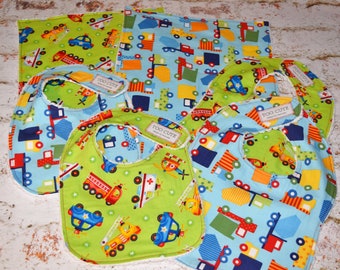 Baby Boy gift burp cloth towels infant toddler bibs Boy Girl Unisex personalized initial monogram rescue trucks construction fire police