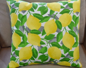 Modern Lemon Fruit Print INDOOR OUTDOOR Fabric Pillow Cover 14x14 16X16 18x18 20x20 envelope back chair cushion navy white yellow green grey