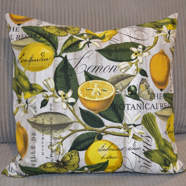 Lemon print fabric Pillow Cover 12x20  12x12  14x14 16x16  18x18  20x20 envelope back Rustic Farmhouse Natural Vintage style