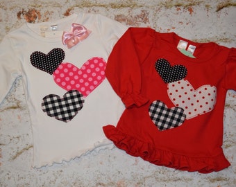 Girls Valentines Day Layered Hearts Ruffle Tee shirt  6-12-18-24 mth 2 -3 -4 -5 -6 -7 -8- 10-12 Red Black White Pink buffalo plaid polka dot