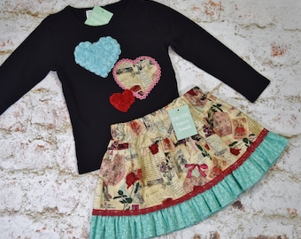 Valentines Day "LOVE NOTES" collection Girls shirt & skirt size 12-18 mth 3-4 Toddler 7-8-10-12 youth vintage postcards shabby rose hearts