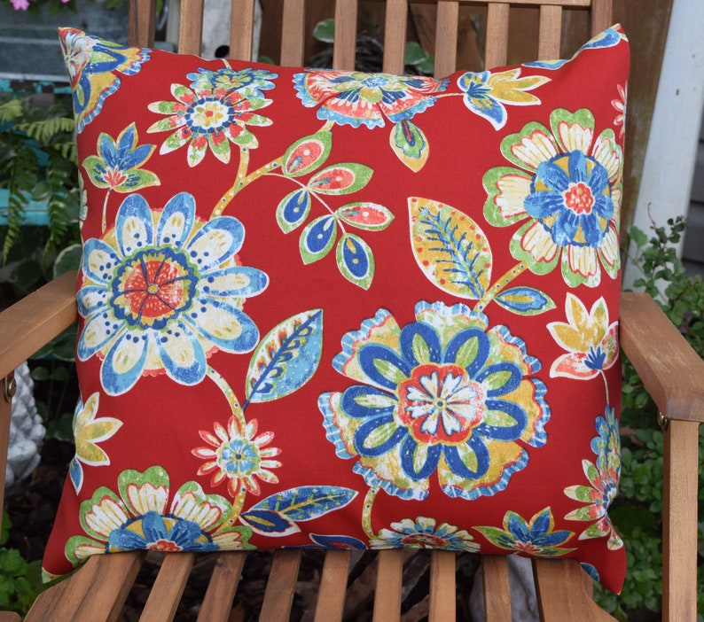 Modern Floral Print INDOOR OUTDOOR Fabric Pillow Cover 14x14 16X16 18x18 20x20 envelope back chair cushion red blue green yellow image 1