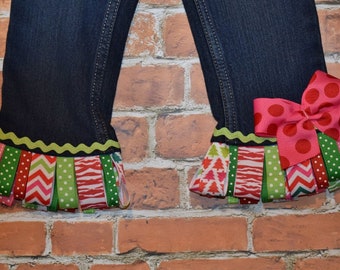 Whimsical Trees Christmas Girls RIBbON FRInGE denim skirt/ jeans sizes 3-6-9-12-18-24 mth-2-3-4-5-6-7-8 pink / green / turquoise / red