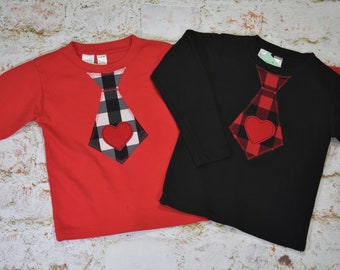 Boys Valentines Day Tie  applique Tee shirts  red white black buffalo plaid with heart applique size 6-12-18-24 mth 2T-3-4-5-6-7-8-9-10-12