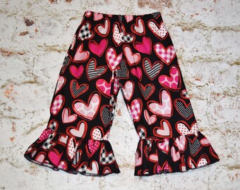 Girls Valentines Day Bella ruffle pant in size 12-18-24 month 2T-3-4-5-6-7-8 Assorted Hearts pink red black white buffalo plaid polka dots