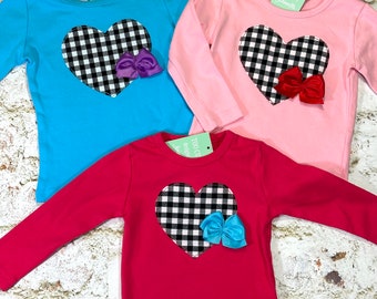 Girls Mad for Plaid Valentines Heart Tee size 3-6-12-18-24 mth -2-3-4-5-6-7-8-10-12 Red Black White Buffalo plaid Cheetah Leopard bow
