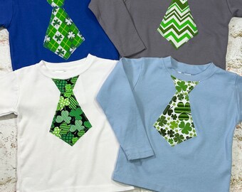 Boys St. Patricks day shirt with Tie applique size 6-12-18-24 month 2T-3-4-5-6-7-8-10-12 assorted green st pats day prints shamrock clover