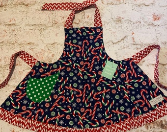 Winter Christmas Womens Girls Apron kids 3/4 5/6 7/8 10/12 14/16 adult S/M  L/XL Mommy & Me matching Navy Candy Canes Mint Peppermint