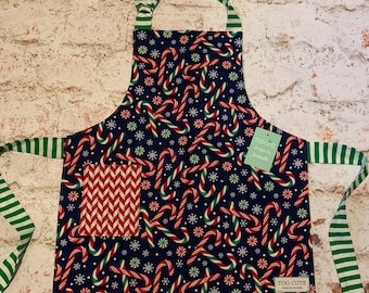 Winter Christmas Boys Apron kids 3/4 5/6 7/8 10/12 Unisex Mommy & Me matching  Baking Holiday Navy Candy Canes mints peppermint