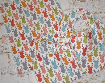 Baby gift burp cloth towels infant toddler bibs Boy Girl Unisex personalized initial monogram Buck Deer Head Antlers blue green orange coral