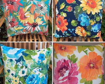 SALE!  Floral Print INDOOR OUTDOOR Fabric Pillow Cover 12x12  14x14 16X16 20x20 envelope back chair cushion orange blue pink yellow red navy