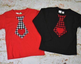 Boys Valentines Day Tie  applique Tee shirts  red white black buffalo plaid with heart applique size 6-12-18-24 mth 2T-3-4-5-6-7-8-9-10-12