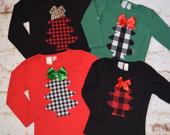 Girls "MAD for PLAID" CHRISTMAS collection Red Black Buffalo Plaid Leopard Cheetah Bow tree shirt 3-6-12-18-24 mth-2T-3-4-5-6-7-8-9-10-11-12