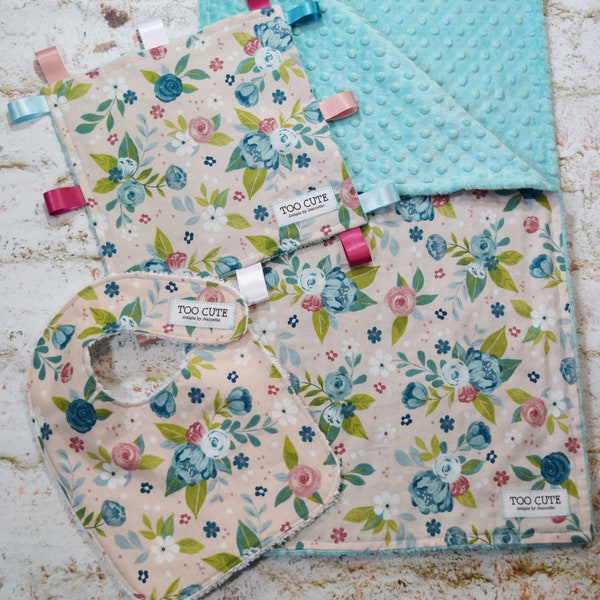 Blush Floral print Baby gift burp cloth towels infant toddler bibs minky blanket crinkle lovie toy Boy Girl Unisex blue aqua pink mauve rose