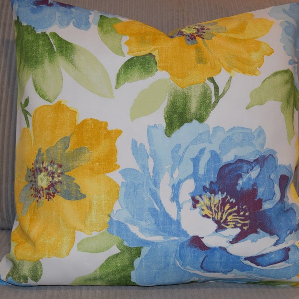 Modern Floral Print INDOOR OUTDOOR Fabric Pillow Cover 14x14  16X16  18x18  20x20  zipper opening large bold flowers yellow blue green chair