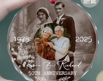 Personalized Wedding Anniversary Ornament, Then & Now Photo Golden Silver Ruby Keepsake, 30th 40th 50th 60th Gift for Parents Grandparents