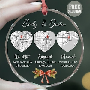 Met Engaged Married Glass Ornament – Personalized Relationship Timeline Ornament, Custom Couple Christmas Gift, Engagement Wedding Keepsake