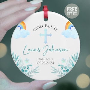 Personalized God Bless Christening Ceramic Ornament, Custom Baptism Ornament, Christened Ornament Keepsake, Godson Baptism Gift