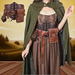 3PCS Brown PU Leather Medieval Belt And Money Pouch Women Skirt Hike Clip For Renaissance Viking Faire LARP Cosplay Costumes