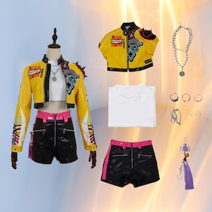 Rumi Demons Hunter Cosplay Costume – Yellow KPop Outfit Set with Wig for Kids – Halloween Hoodie Suit