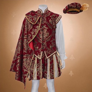 17th Century Renaissance Tudor Costume Men Medieval Victorian Royal Prince Tudor King Elizabethan Costume Vest Shirt Hat Cape