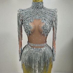 Women’s Sequin Rhinestone Bodysuit | Tassel Stage Costume for Party & Performance