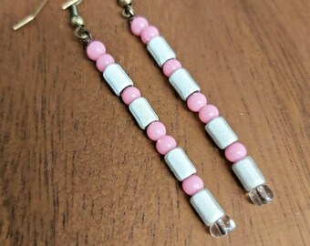 Pink & Grey/White Bead Bronze Tone Drop Earrings - *NEW*