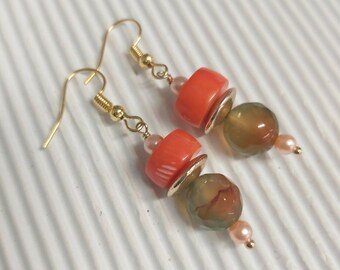 Coral & Peacock Agate Gold Tone Drop Earrings - *NEW*