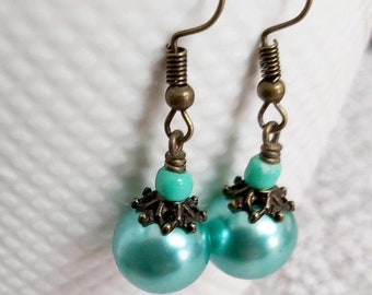 Pretty Aqua Green Faux Pearl Bronze Tone Drop Earrings *NEW*