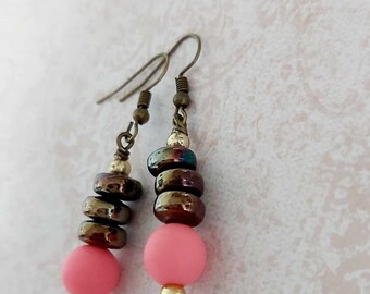 Pink & Bronze Bead Bronze Tone Drop Earrings - *NEW*