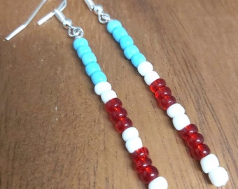 Blue Red & White Seed Bead Silver Tone Drop Earrings -*NEW*