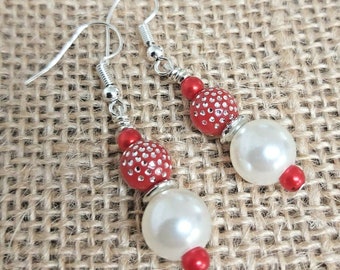 White Faux Pearl & Red Bead Silver Colour Drop Earrings - *NEW*