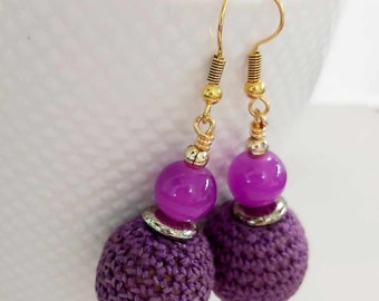 Purple Crochet Bead & Purple Glass Bead Gold Tone Drop Earrings - *NEW*