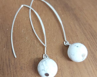 Lovely White Turquoise (10mm) Long Silver Tone Drop Earrings - *NEW*