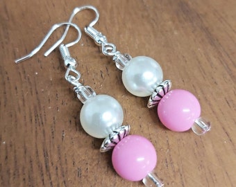 Pretty Pink Bead & Faux White Pearl Silver Tone Drop Earrings -*NEW*