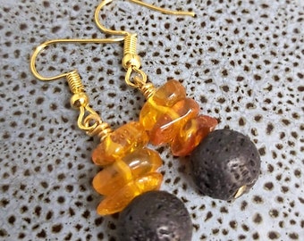 Gorgeous Amber & Black Lava Bead Gold Drop Earrings -*NEW*