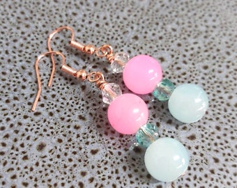 Pink/Green Glass Beads with Green/Clear Crystals Rose Gold Drop Earrings -*NEW*