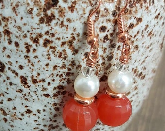 Rust Coloured Bead & White Faux Pearl Rose Gold Tone Drop Earrings -*NEW*